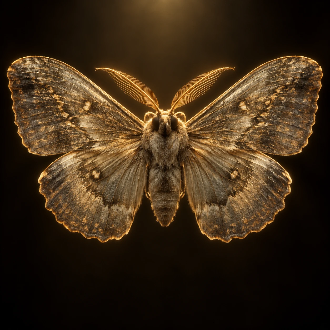 A 3D render of a moth, wings spread, lit from above by a warm lamp.